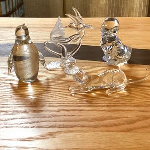 Group of 4 crystal clear animals: cat, penguins, duck, hummingbird